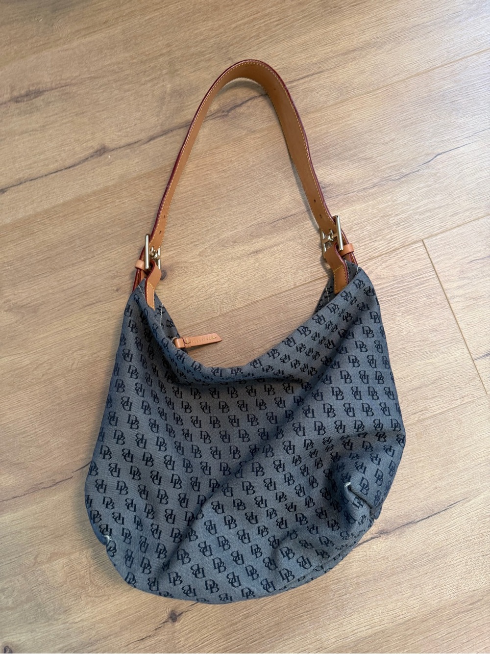 Dooney & Bourke Navy Logo Canvas Shoulder Bag with Tan Leather Trim